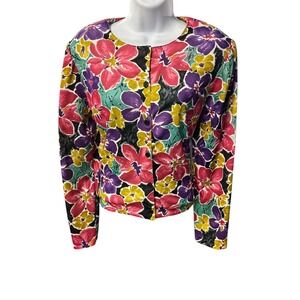 VTG‎ Bridge Gate Floral Print Blouse Bright Colorful Flowers Button Up Jacket